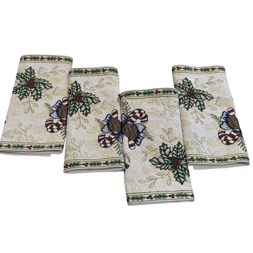 Vintage Christmas Tapestry Placemats Set of 4 Holly Candy Cane Ornament Woven